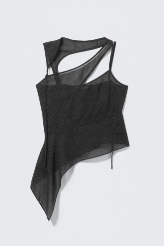 Asymmetric Cut-Out Mesh Top – Dark Grey – Dots