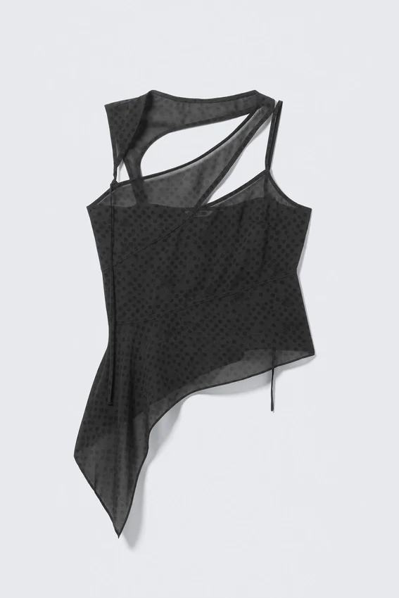 Asymmetric Cut-Out Mesh Top – Dark Grey – Dots Asymmetric Cut-Out Mesh Top – Dark Grey – Dots