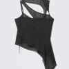 Asymmetric Cut-Out Mesh Top – Dark Grey – Dots Asymmetric Cut-Out Mesh Top – Dark Grey – Dots