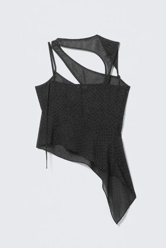 Asymmetric Cut-Out Mesh Top – Dark Grey – Dots Asymmetric Cut-Out Mesh Top – Dark Grey – Dots