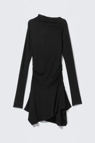 Asymmetric Draped Mini Dress – Black