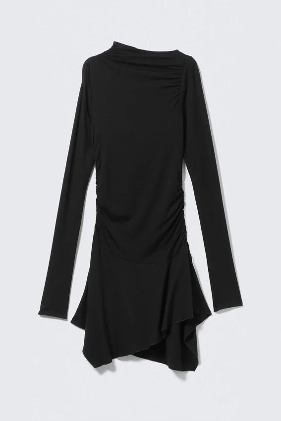 Asymmetric Draped Mini Dress – Black Asymmetric Draped Mini Dress – Black
