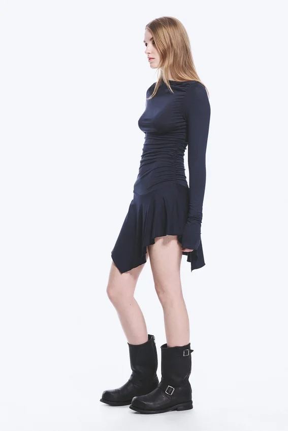 Asymmetric Draped Mini Dress – Dark Blue Asymmetric Draped Mini Dress – Dark Blue