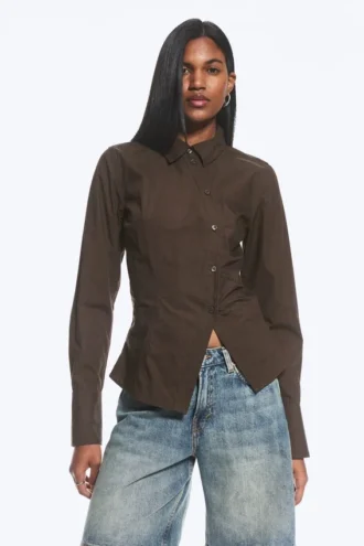 Asymmetric Fitted Poplin Shirt – Dark Brown
