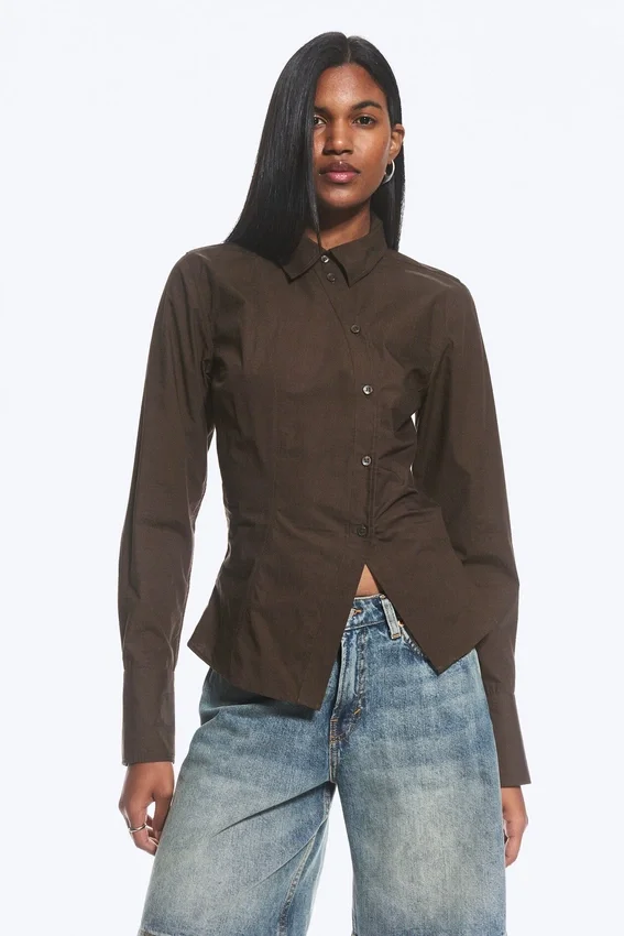 Asymmetric Fitted Poplin Shirt – Dark Brown Asymmetric Fitted Poplin Shirt – Dark Brown