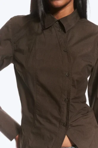 Asymmetric Fitted Poplin Shirt – Dark Brown