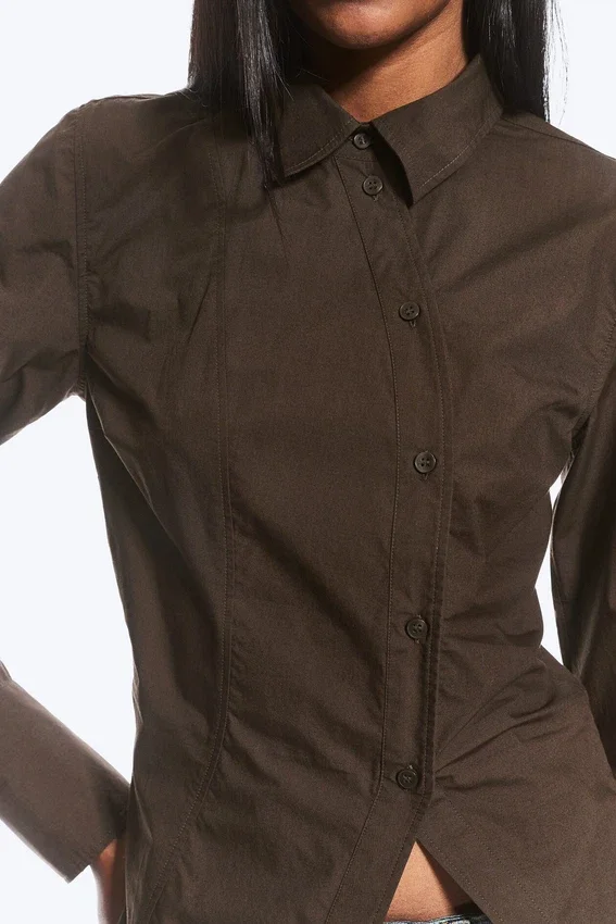 Asymmetric Fitted Poplin Shirt – Dark Brown Asymmetric Fitted Poplin Shirt – Dark Brown