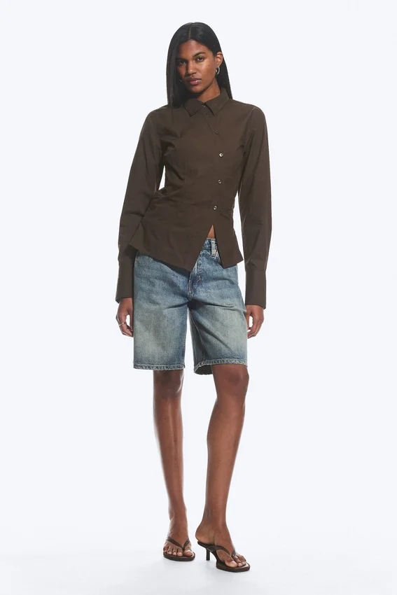 Asymmetric Fitted Poplin Shirt – Dark Brown Asymmetric Fitted Poplin Shirt – Dark Brown