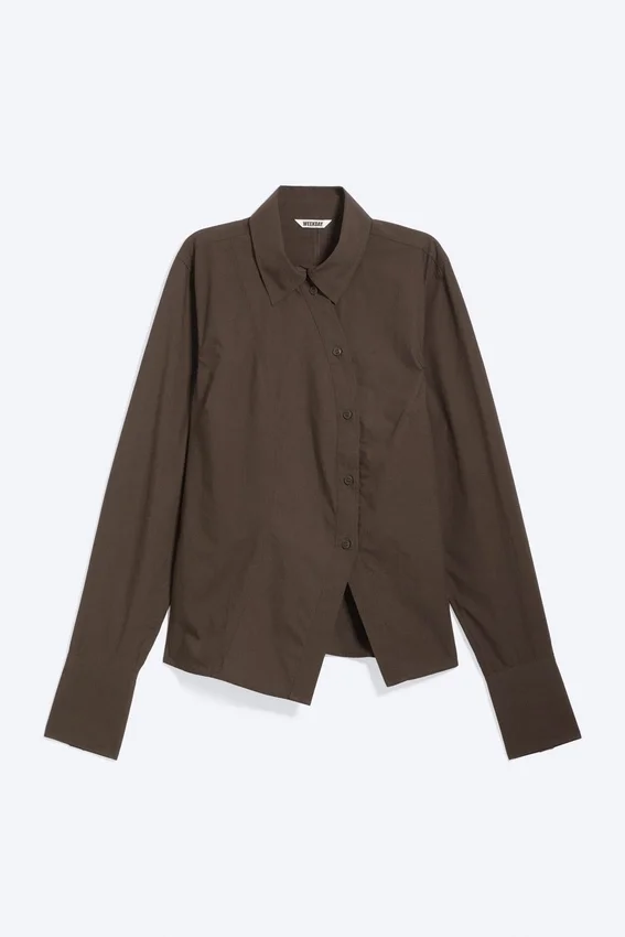 Asymmetric Fitted Poplin Shirt – Dark Brown Asymmetric Fitted Poplin Shirt – Dark Brown