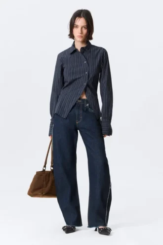Asymmetric Fitted Poplin Shirt – Striped Dark Blue