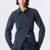 Asymmetric Fitted Poplin Shirt – Striped Dark Blue Asymmetric Fitted Poplin Shirt – Striped Dark Blue