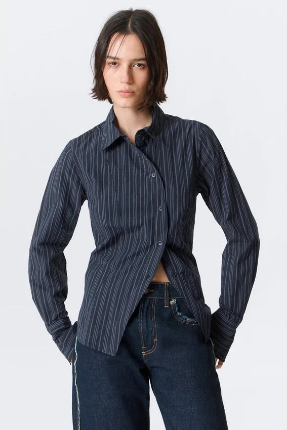 Asymmetric Fitted Poplin Shirt – Striped Dark Blue Asymmetric Fitted Poplin Shirt – Striped Dark Blue