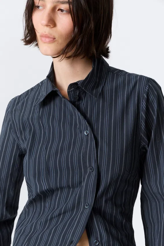 Asymmetric Fitted Poplin Shirt – Striped Dark Blue Asymmetric Fitted Poplin Shirt – Striped Dark Blue