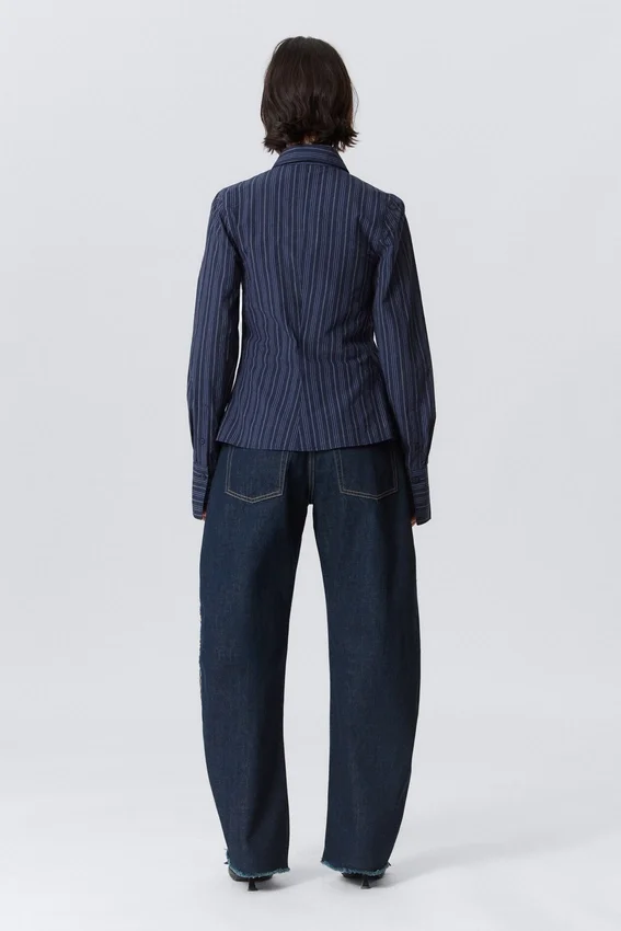 Asymmetric Fitted Poplin Shirt – Striped Dark Blue Asymmetric Fitted Poplin Shirt – Striped Dark Blue