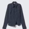 Asymmetric Fitted Poplin Shirt – Striped Dark Blue Asymmetric Fitted Poplin Shirt – Striped Dark Blue