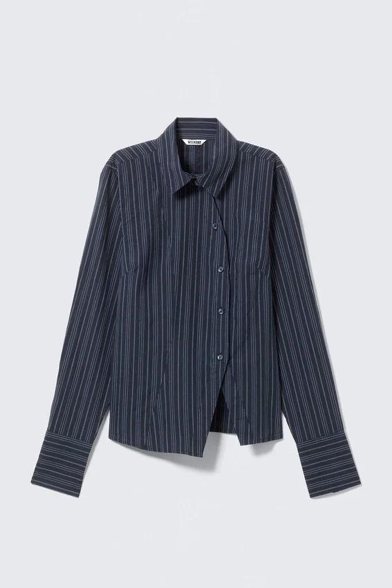 Asymmetric Fitted Poplin Shirt – Striped Dark Blue Asymmetric Fitted Poplin Shirt – Striped Dark Blue