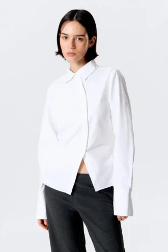 Asymmetric Fitted Poplin Shirt – White