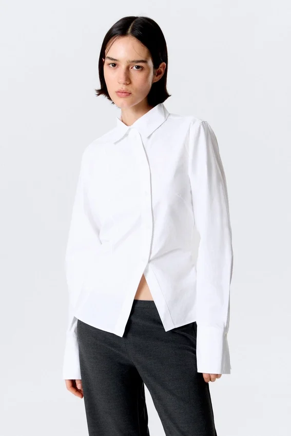 Asymmetric Fitted Poplin Shirt – White Asymmetric Fitted Poplin Shirt – White