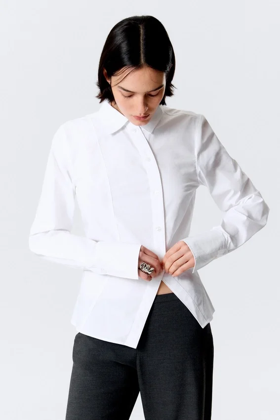 Asymmetric Fitted Poplin Shirt – White Asymmetric Fitted Poplin Shirt – White