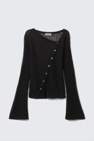 Asymmetric Linen Blend Cardigan – Black