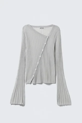 Asymmetric Linen Blend Cardigan – Light Grey