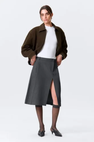 Asymmetric Linen-Blend Suiting Skirt – Dark Grey