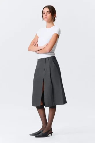 Asymmetric Linen-Blend Suiting Skirt – Dark Grey