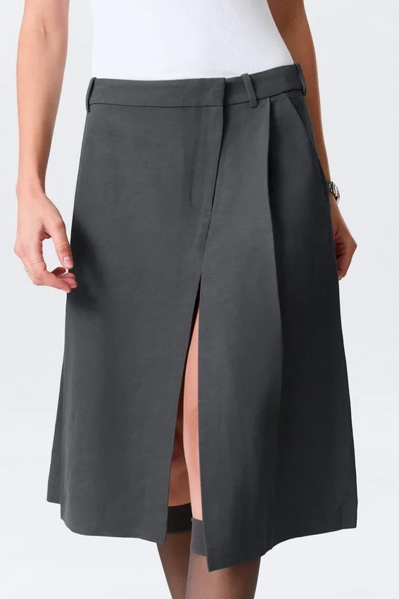 Asymmetric Linen-Blend Suiting Skirt – Dark Grey Asymmetric Linen-Blend Suiting Skirt – Dark Grey