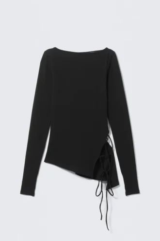 Asymmetric Long-Sleeved Cross Back Top – Black