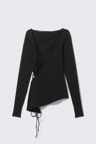 Asymmetric Long-Sleeved Cross Back Top – Black