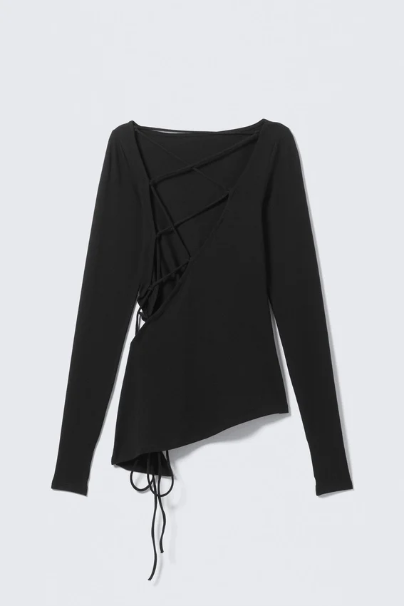 Asymmetric Long-Sleeved Cross Back Top – Black Asymmetric Long-Sleeved Cross Back Top – Black