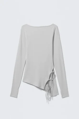 Asymmetric Long-Sleeved Cross Back Top – Light Grey