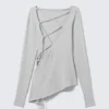 Asymmetric Long-Sleeved Cross Back Top – Light Grey Asymmetric Long-Sleeved Cross Back Top – Light Grey