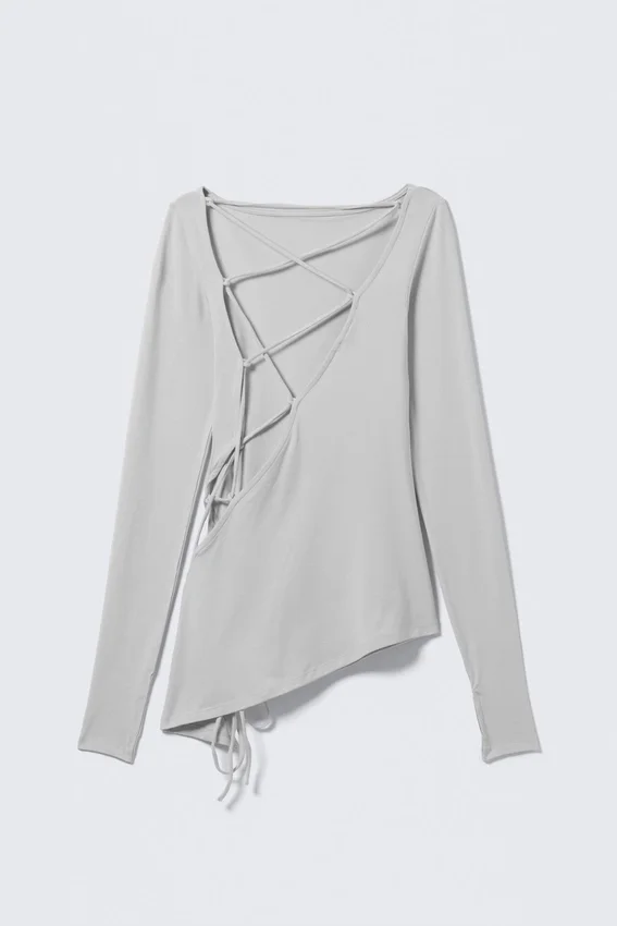 Asymmetric Long-Sleeved Cross Back Top – Light Grey Asymmetric Long-Sleeved Cross Back Top – Light Grey
