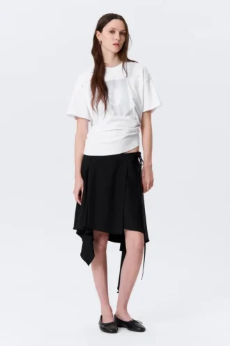 Asymmetric Mid Rise Wrap Midi Skirt – Black