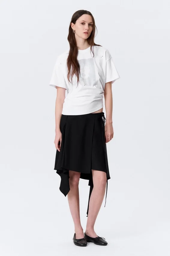 Asymmetric Mid Rise Wrap Midi Skirt – Black Asymmetric Mid Rise Wrap Midi Skirt – Black