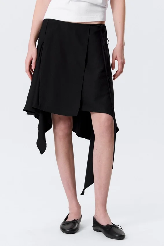 Asymmetric Mid Rise Wrap Midi Skirt – Black Asymmetric Mid Rise Wrap Midi Skirt – Black
