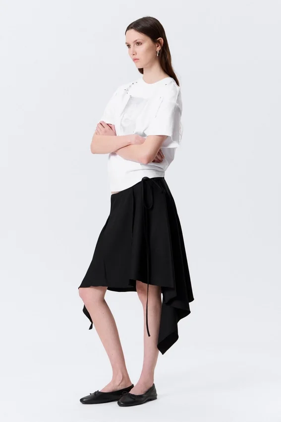 Asymmetric Mid Rise Wrap Midi Skirt – Black Asymmetric Mid Rise Wrap Midi Skirt – Black