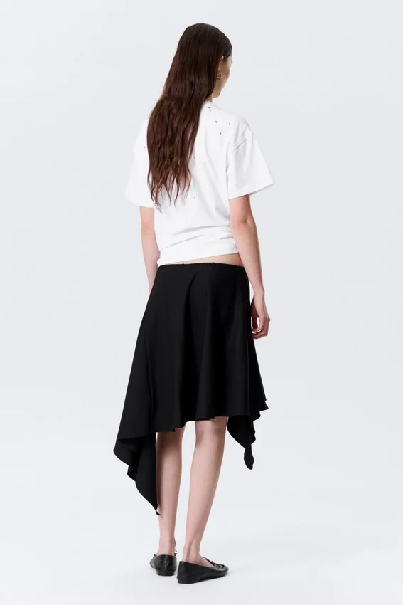 Asymmetric Mid Rise Wrap Midi Skirt – Black Asymmetric Mid Rise Wrap Midi Skirt – Black