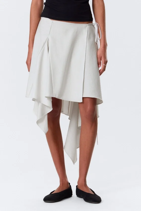 Asymmetric Mid Rise Wrap Midi Skirt – Light Beige Asymmetric Mid Rise Wrap Midi Skirt – Light Beige