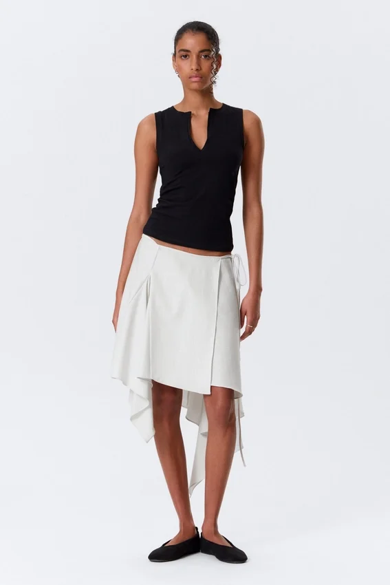 Asymmetric Mid Rise Wrap Midi Skirt – Light Beige Asymmetric Mid Rise Wrap Midi Skirt – Light Beige