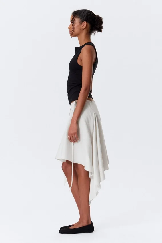 Asymmetric Mid Rise Wrap Midi Skirt – Light Beige Asymmetric Mid Rise Wrap Midi Skirt – Light Beige