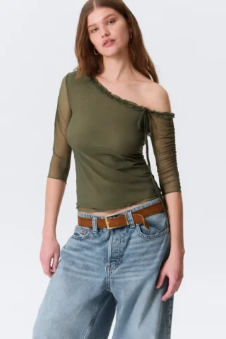 Asymmetric Off-Shoulder Three-Quarter Sleeve Top – Khaki Green