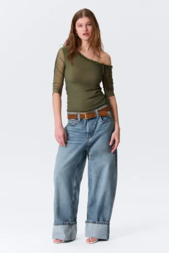 Asymmetric Off-Shoulder Three-Quarter Sleeve Top – Khaki Green