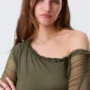 Asymmetric Off-Shoulder Three-Quarter Sleeve Top – Khaki Green Asymmetric Off-Shoulder Three-Quarter Sleeve Top – Khaki Green