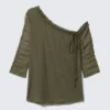 Asymmetric Off-Shoulder Three-Quarter Sleeve Top – Khaki Green Asymmetric Off-Shoulder Three-Quarter Sleeve Top – Khaki Green
