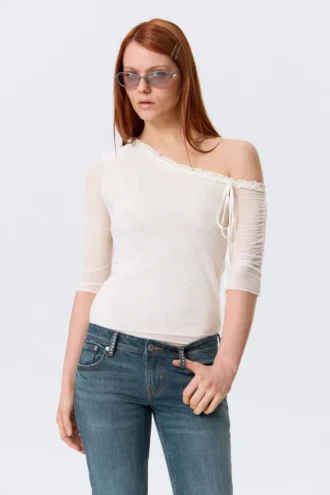 Asymmetric Off-Shoulder Three-Quarter Sleeve Top – White