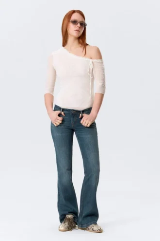 Asymmetric Off-Shoulder Three-Quarter Sleeve Top – White