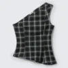 Asymmetric One-Shoulder Fitted Top – Checked Black Asymmetric One-Shoulder Fitted Top – Checked Black