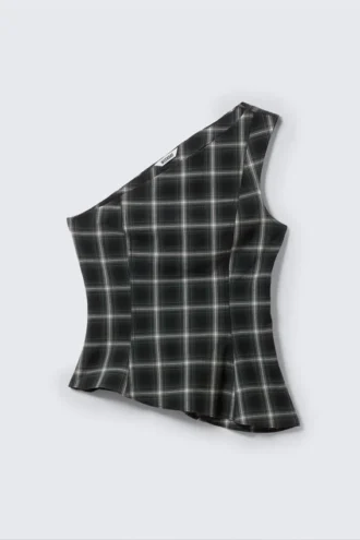 Asymmetric One-Shoulder Fitted Top – Checked Black